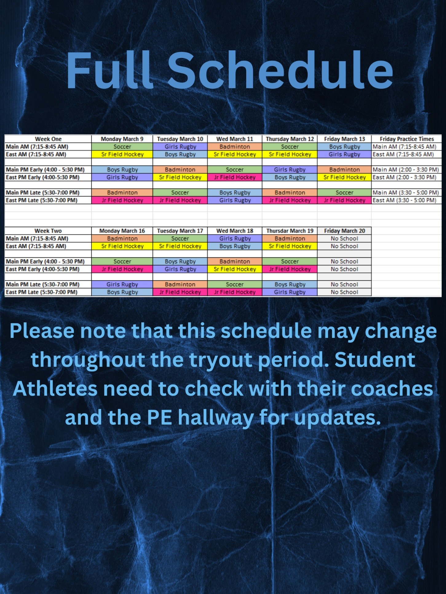 JGD Spring Sports Full Schedule 2026